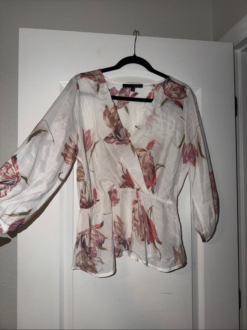 Harve Benard White Sheer Floral Wrap Blouse with Pink Blooms